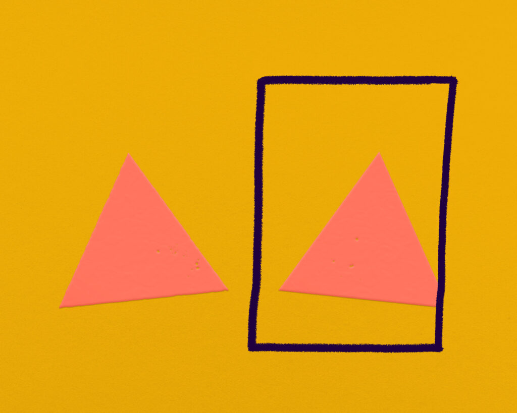 Two orange triangles are shown, one of them inside a black rectangular outline, symbolizing the triangle looking at its reflection in a mirror.