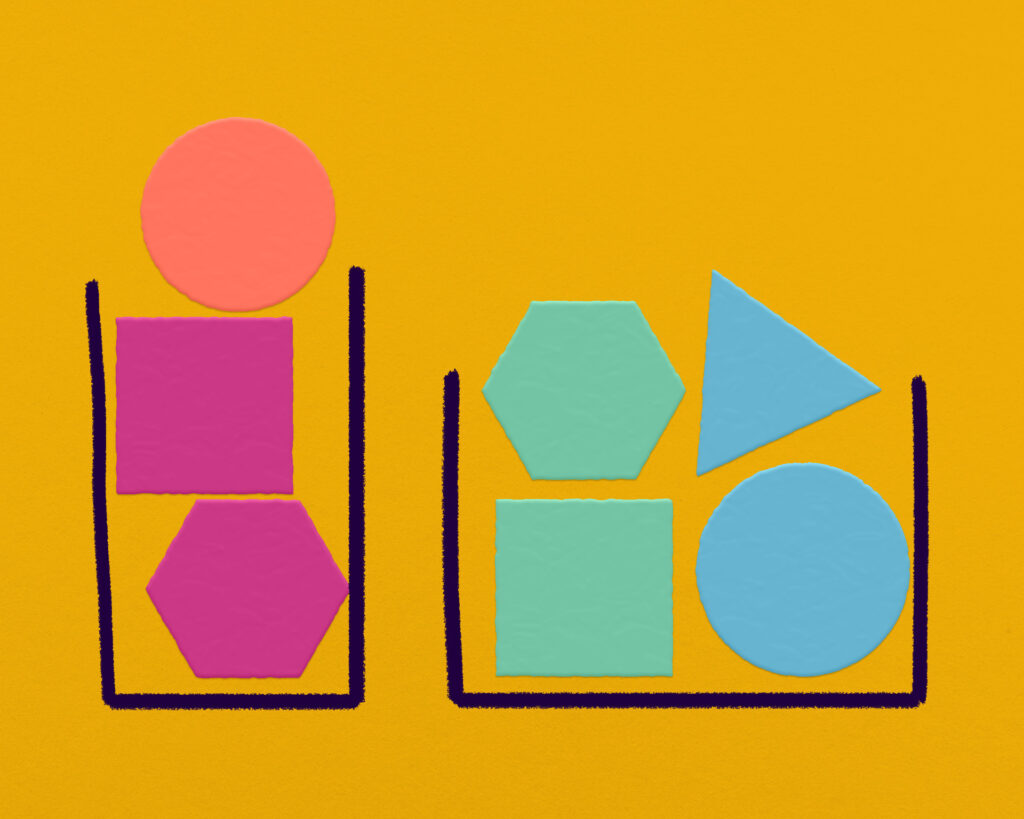 A stack of pink and orange shapes is contained within one black outline, while a collection of green and blue shapes are contained within a separate black outline.